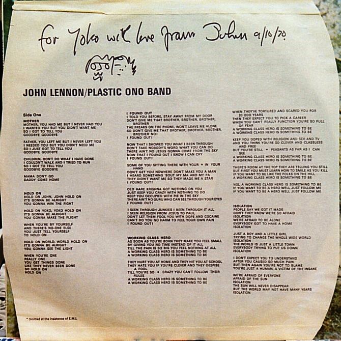 John Lennon/Plastic Ono Band - Inner Sleeve